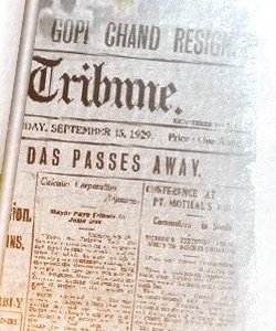 Detail of a newspaper front page showing the masthead of The Tribune, the date September 15 1929, and the headline Das Passes Away.